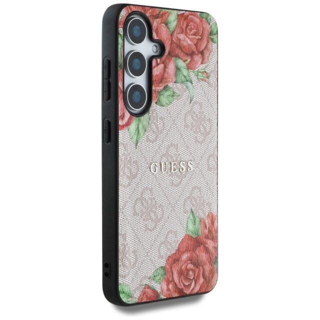 Guess Leather 4G Flowers Print Metal Classic Logo MagSafe Samsung Galaxy S25 case pink - imagine 4