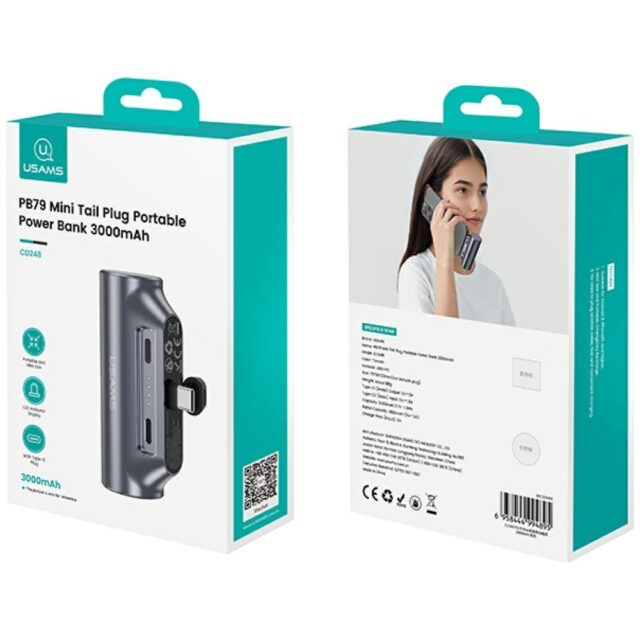 USAMS PB79 Mini Tail Plug Portable Power Bank 3000mAh USB-C gray - imagine 5