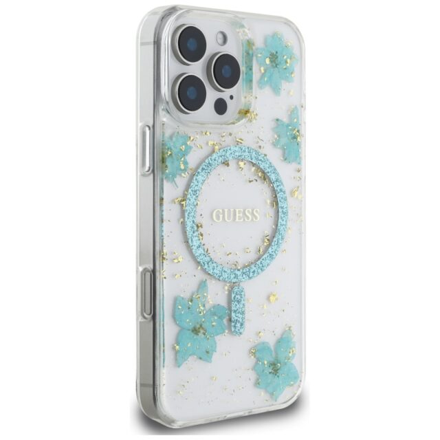 Case Guess Resin Flowers Glitter MagSafe for iPhone 16 Pro turquoise - imagine 4
