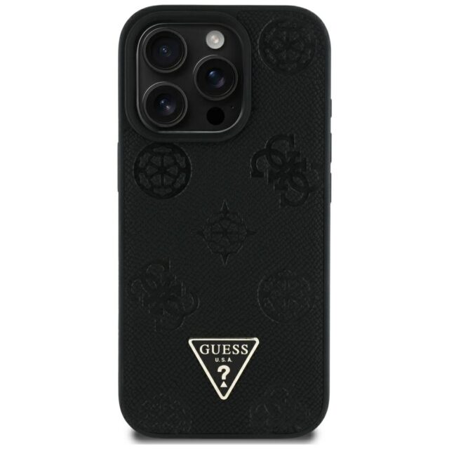 Case Guess Grained Hot Stamp Peony Triangle Logo MagSafe for iPhone 16 Pro Max black - imagine 3