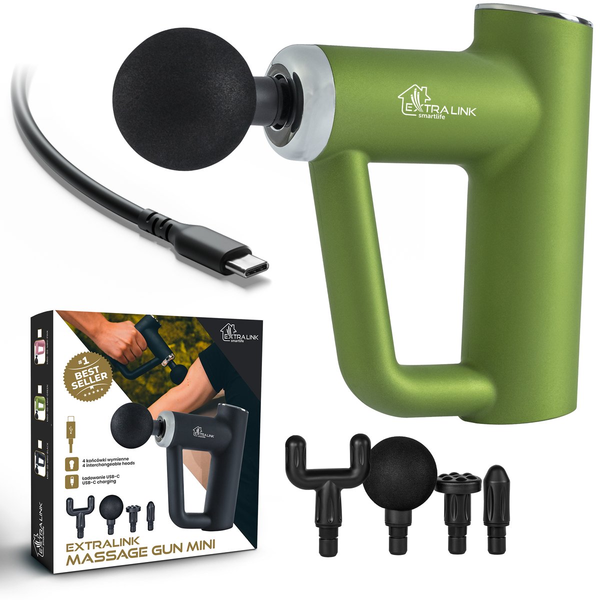 cps-052dadfc2985144182d97013f805e98f-2025-12-05-12-23-24 Extralink Massage Gun Mini Green | Massage Gun | 4 interchangeable tips - imagine 1