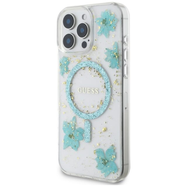 Case Guess Resin Flowers Glitter MagSafe for iPhone 16 Pro Max turquoise - imagine 2