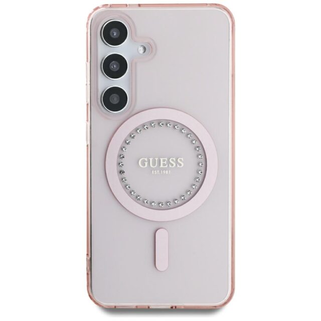 Case Guess Rhinestones Printed Classic Logo MagSafe Samsung Galaxy S25 pink - imagine 3