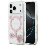 Case Guess Resin Flowers Glitter MagSafe for iPhone 17 Pro pink