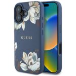 Case Guess Grained Printed Flower Pattern MagSafe for iPhone 16 blue