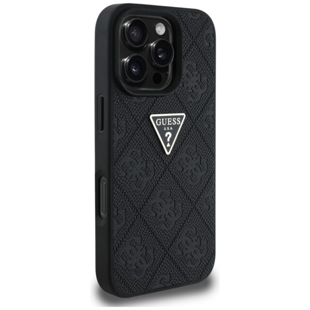 Case Guess Hot Stamp 4G Pattern Triangle Metal Logo for iPhone 16 Pro black - imagine 4