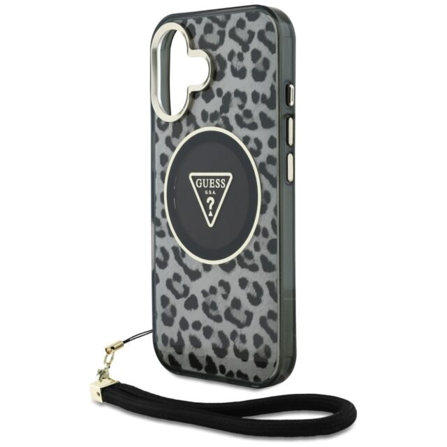Case Guess HC IML Leopard Triangle Cord Strap for iPhone 16 MagSafe black - imagine 5