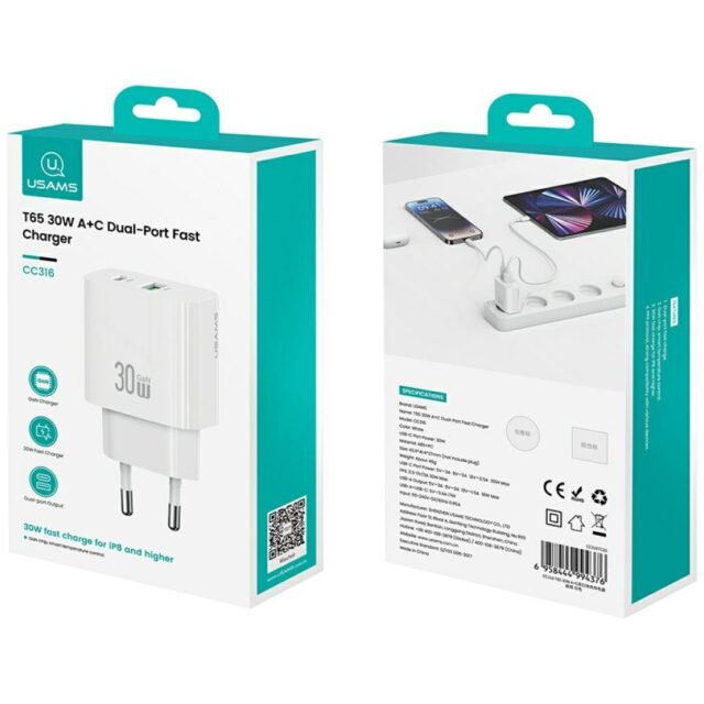Wall charger USAMS CC316 T65 30W   1xUSB-C 1xUSB-A Fast Charging white - imagine 2