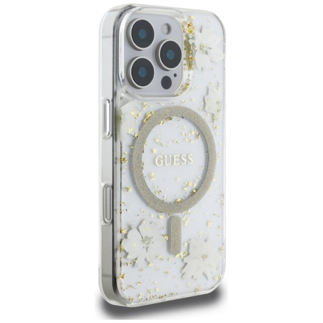 Case Guess Resin Flowers Glitter MagSafe for iPhone 16 Pro beige - imagine 4