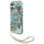 Guess GUHMP16SHFWBRCESN iPhone 16 6.1" green hardcase IML Flowers With Pearl Strap MagSafe