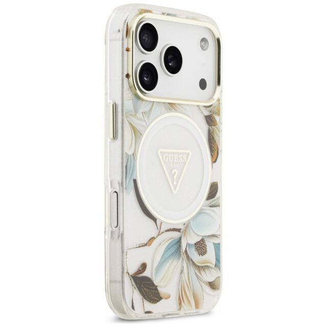 Guess IML Glitter Flowers Triangle MagSafe Case for iPhone 17 Pro Max White - imagine 4