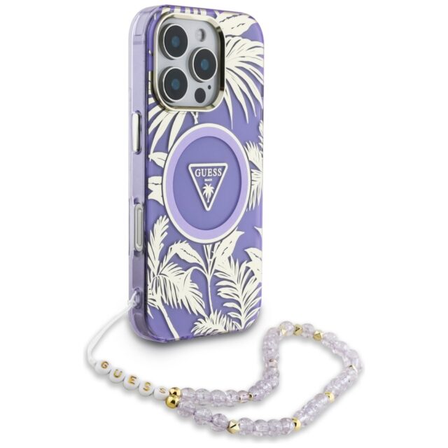 Case Guess Palm Trees Triangle Pearl Strap MagSafe for iPhone 16 Pro Max purple - imagine 3
