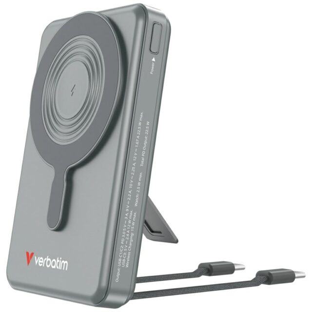 Powerbank Verbatim Charge n Go 10000mAh with stand Magnetic Wireless TFT display 2xUSB-C cable grey - imagine 2