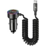 USAMS car charger 2xUSB-C 1xUSB-A C33 60W with spring cable Fast Charge black CC167CC01 (US-CC167) - imagine 2