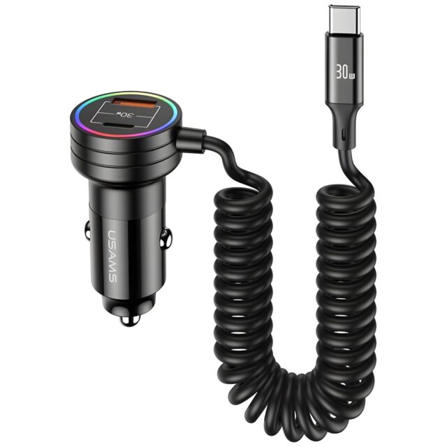 USAMS car charger 2xUSB-C 1xUSB-A C33 60W with spring cable Fast Charge black CC167CC01 (US-CC167) - imagine 2