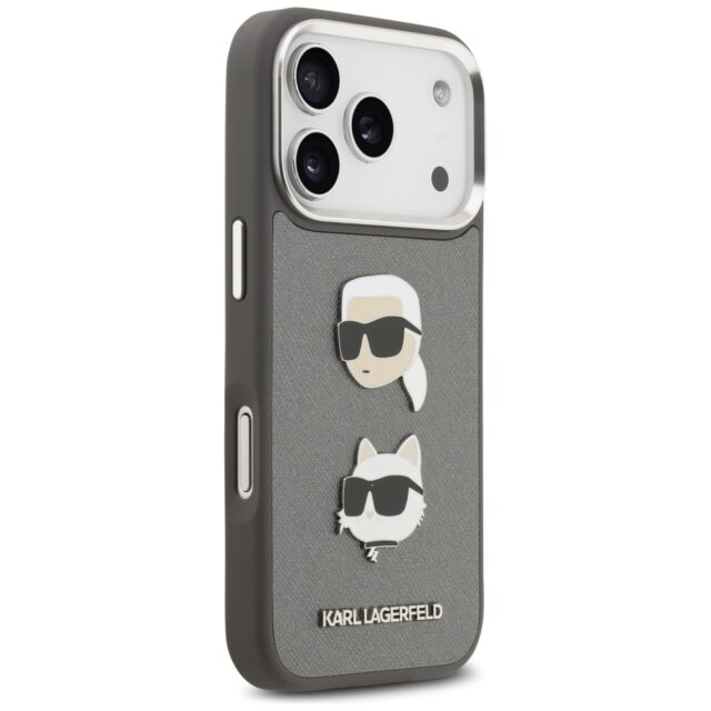 Karl Lagerfeld FW Grained Karl & Choupette Heads Pins & Logo Case for iPhone 17 Pro Gray - imagine 4