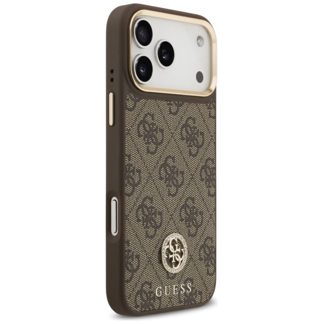 Case Guess 4G Strass Logo & Big Strap    Metal Buttons MagSafe for iPhone 17 Pro Max brown - imagine 4