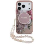 Guess IML Flowers Pearl Strap MagSafe Case for iPhone 17 Pro Pink