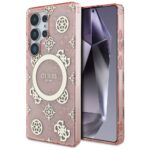 Case Guess 4G Background Gold Electroplated Peony Pattern MagSafe for Samsung Galaxy S25 Ultra Pink