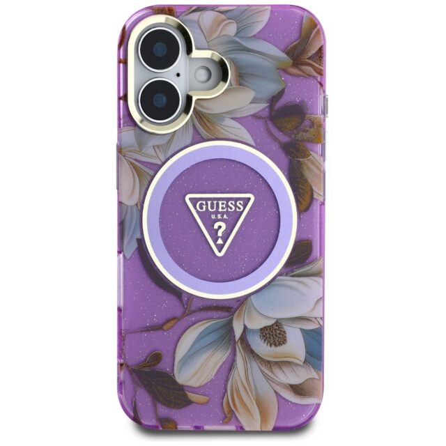 Case Guess Glitter Flowers Triangle Buttons MagSafe for iPhone 16 purple - imagine 3