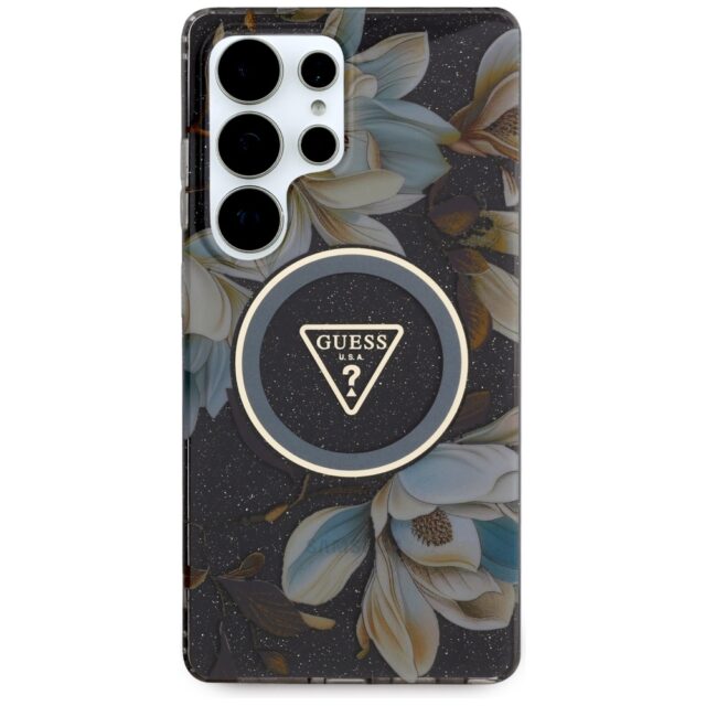Case Guess Glitter Flowers Triangle Buttons MagSafe for Samsung Galaxy S25 Ultra black - imagine 3