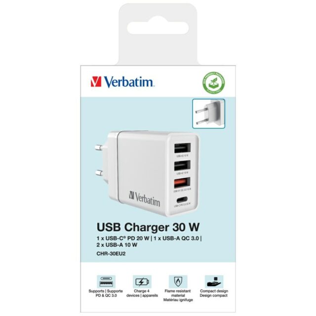 Verbatim 30W Wall Charger 3xUSB-A/USB-C PD 3.0 CHR-30EU2 white 49701 - imagine 5
