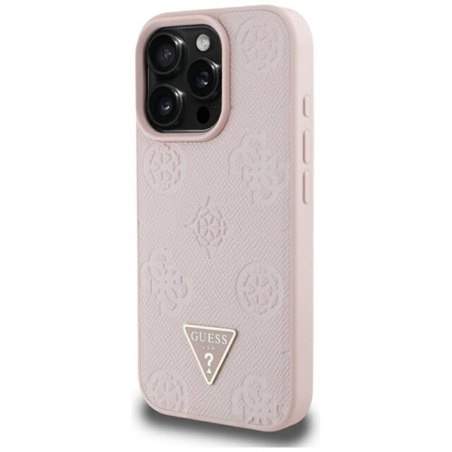 Case Guess Grained Hot Stamp Peony Triangle Logo MagSafe for iPhone 16 Pro Max pink - imagine 2