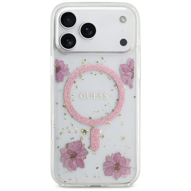 Case Guess Resin Flowers Glitter MagSafe for iPhone 17 Pro Max pink - imagine 3