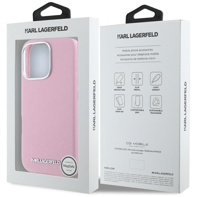 Case Karl Lagerfeld Saffiano Full Wrapped Elongated Metal Logo MagSafe for iPhone 16 Pro pink - imagine 8
