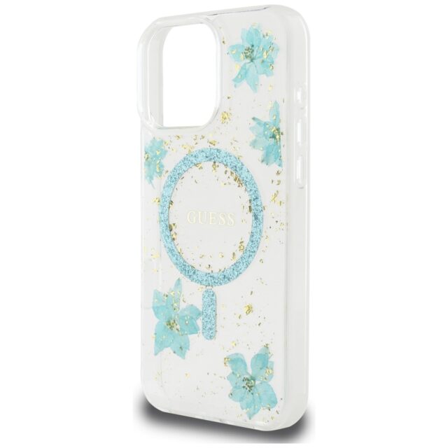 Case Guess Resin Flowers Glitter MagSafe for iPhone 16 Pro Max turquoise - imagine 6