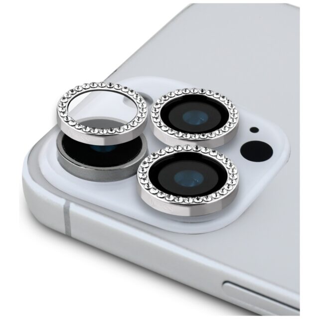 Set 2-in-1 Guess BP Rhinestone screen and camera lens glass for iPhone 16 Pro Max silver - imagine 3
