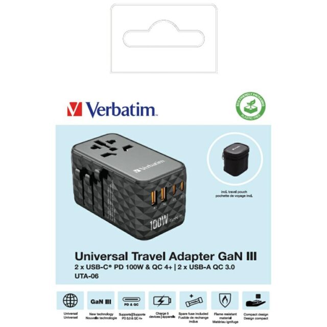 Verbatim Travel Adapter EU/UK/US GaN 2xUSB-A/2xUSB-C PD 100W UTA-06 black 32121 - imagine 6