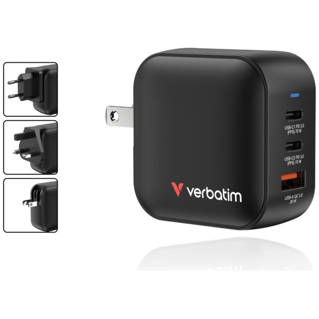 Wall Charger Verbatim Mini GaN 70W 2xUSB-C PD/1x USB-A QC black 32229 - imagine 7