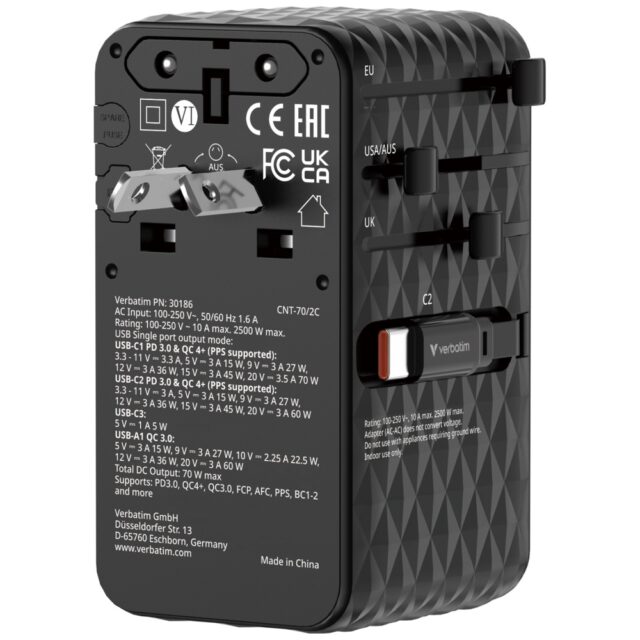 Verbatim Travel Adapter EU/UK/US GaN   1xUSB-C/1xUSB-A/2xUSB-C PD 70W black 30186 - imagine 2
