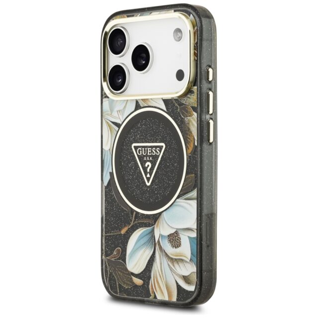 Guess IML Glitter Flowers Triangle MagSafe Case for iPhone 17 Pro Black - imagine 2