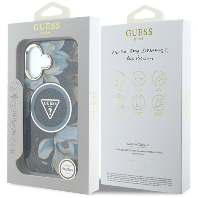 Case Guess Glitter Flowers Triangle Buttons MagSafe for iPhone 16 black - imagine 8