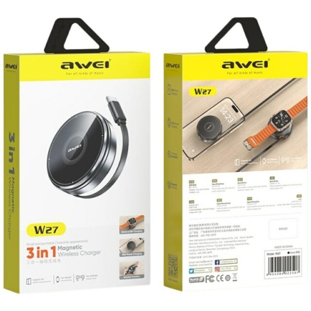 Induction Charger 3-in-1 AWEI W27 15W with USB-C cable Fast Charging black - imagine 6