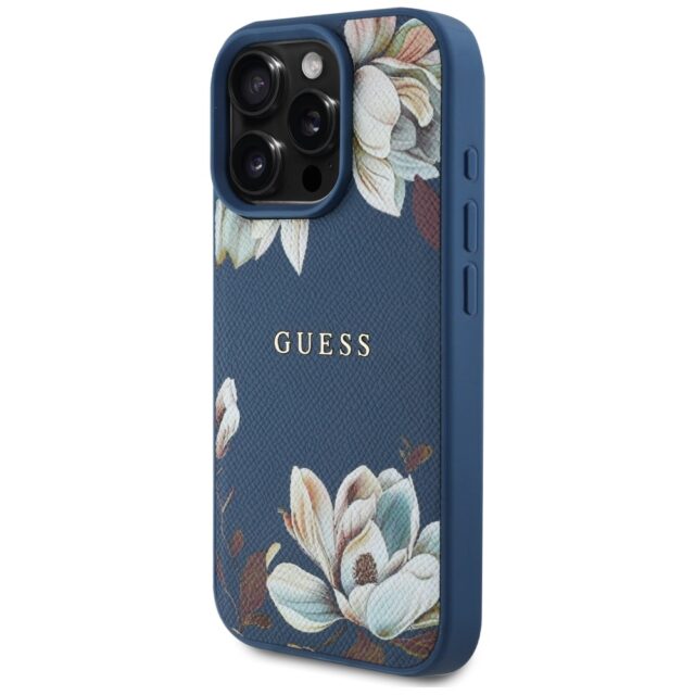 Case Guess Grained Printed Flower Pattern MagSafe for iPhone 16 Pro Max blue - imagine 2