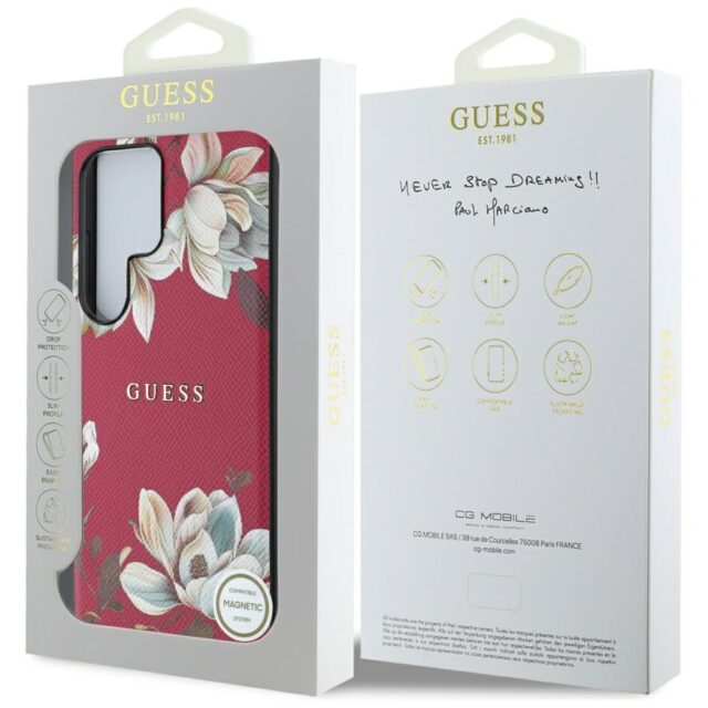 Case Guess Grained Printed Flower Pattern MagSafe for Samsung Galaxy S25 Ultra fuchsia - imagine 8