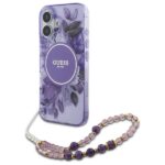 Guess GUHMP16SHFWBRCESU iPhone 16 6.1" purple hardcase IML Flowers With Pearl Strap MagSafe