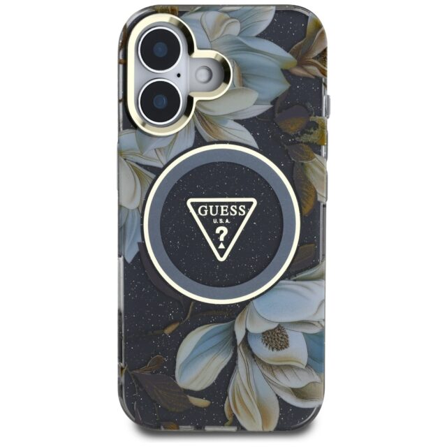 Case Guess Glitter Flowers Triangle Buttons MagSafe for iPhone 16 black - imagine 3