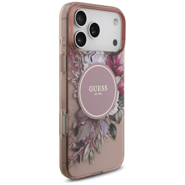 Guess IML Flowers Pearl Strap MagSafe Case for iPhone 17 Pro Max Pink - imagine 4