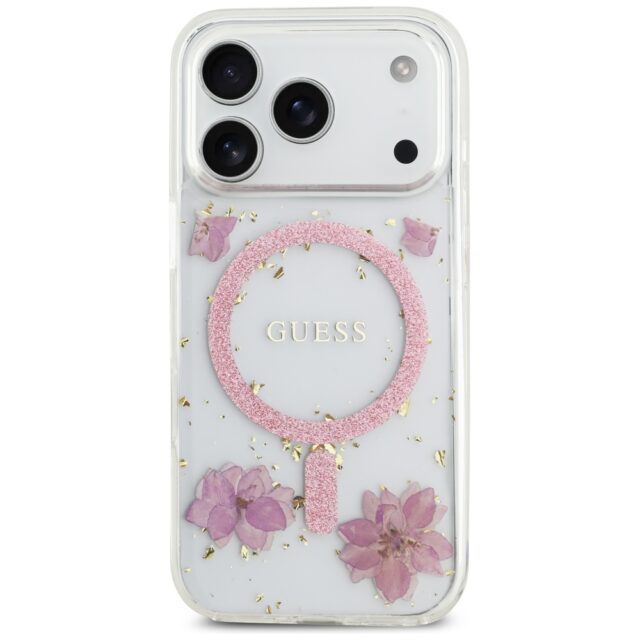 Case Guess Resin Flowers Glitter MagSafe for iPhone 17 Pro pink - imagine 3