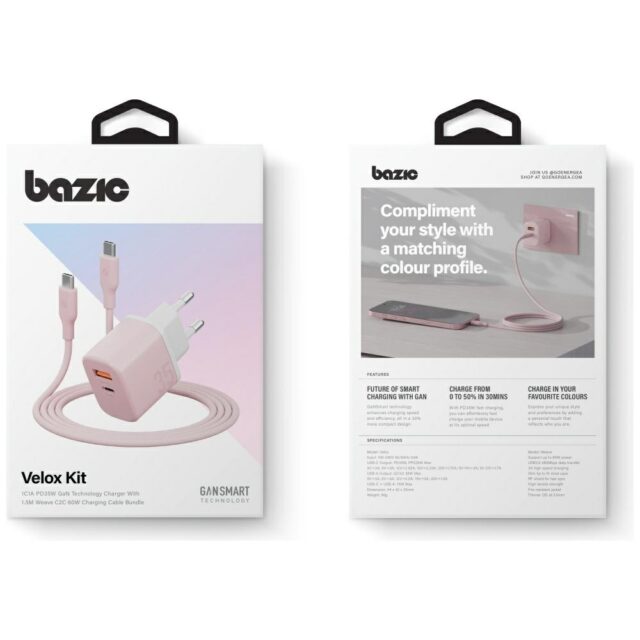 Wall charger Bazic GoPort Velox Kit USB-C/USB-A GaN 35W with cable pink - imagine 7