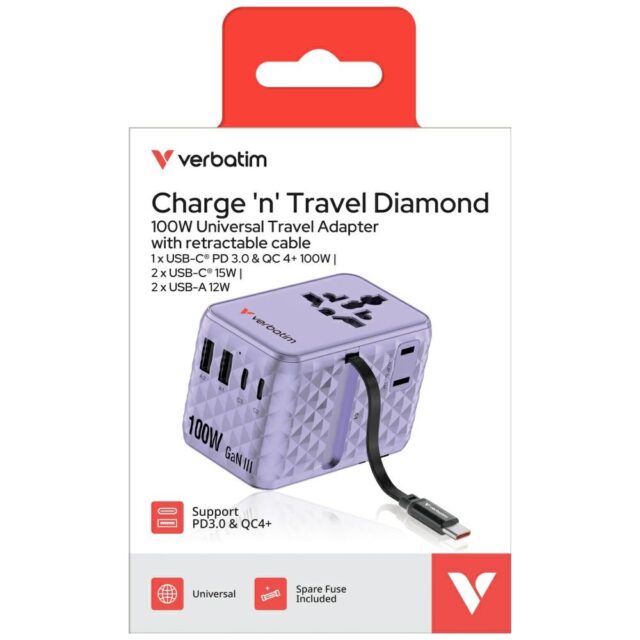 Verbatim Travel Adapter EU/UK/US GaN   2xUSB-C/2xUSB-A/1xUSB-C PD 100W purple 30193 - imagine 7