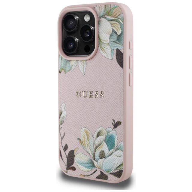 Case Guess Grained Printed Flower Pattern MagSafe for iPhone 16 Pro pink - imagine 2