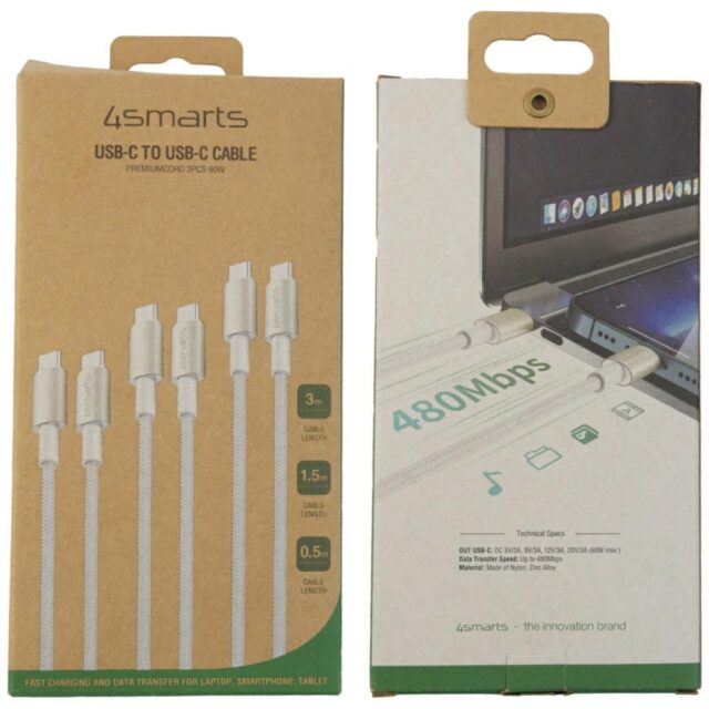 USB-C to USB-C Cable 4smarts PremiumCord 60W SET 3 pcs 0.5M + 1.5M + 3M white/silver - imagine 4