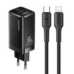 USAMS Wall Charger MT 2xUSB-C + USB GaN 65W T33 PD + USB-C to Lightning Cable 30W Fast Charging blac