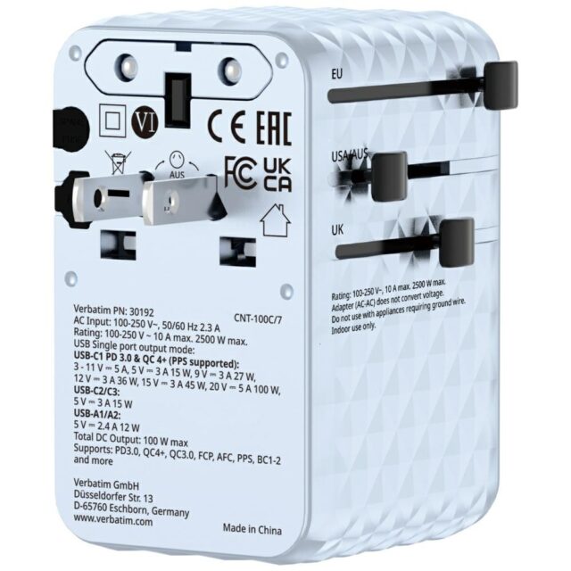 Verbatim Travel Adapter EU/UK/US GaN   2xUSB-C/2xUSB-A/1xUSB-C PD 100W blue 30192 - imagine 6