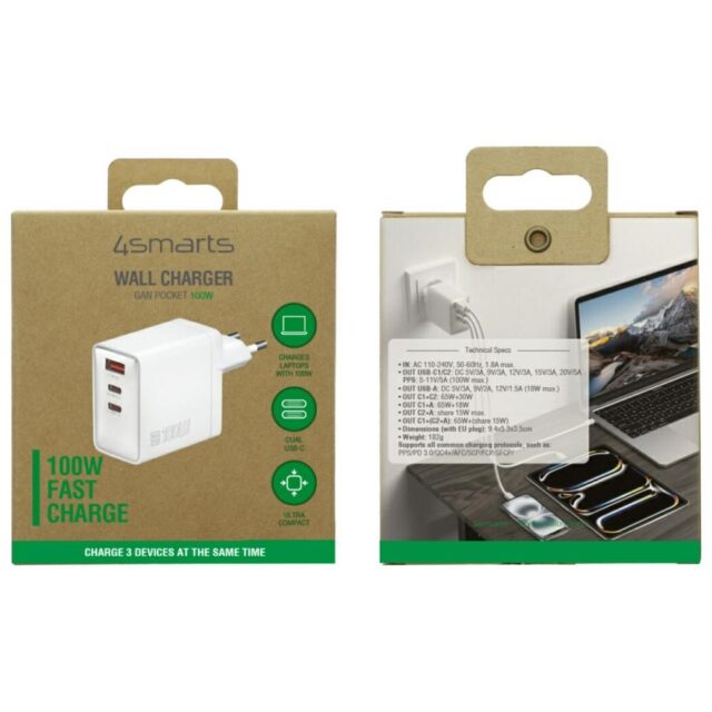 Wall Charger 4smarts Pocket GaN 100W 2xUSB-C + USB-A white - imagine 2